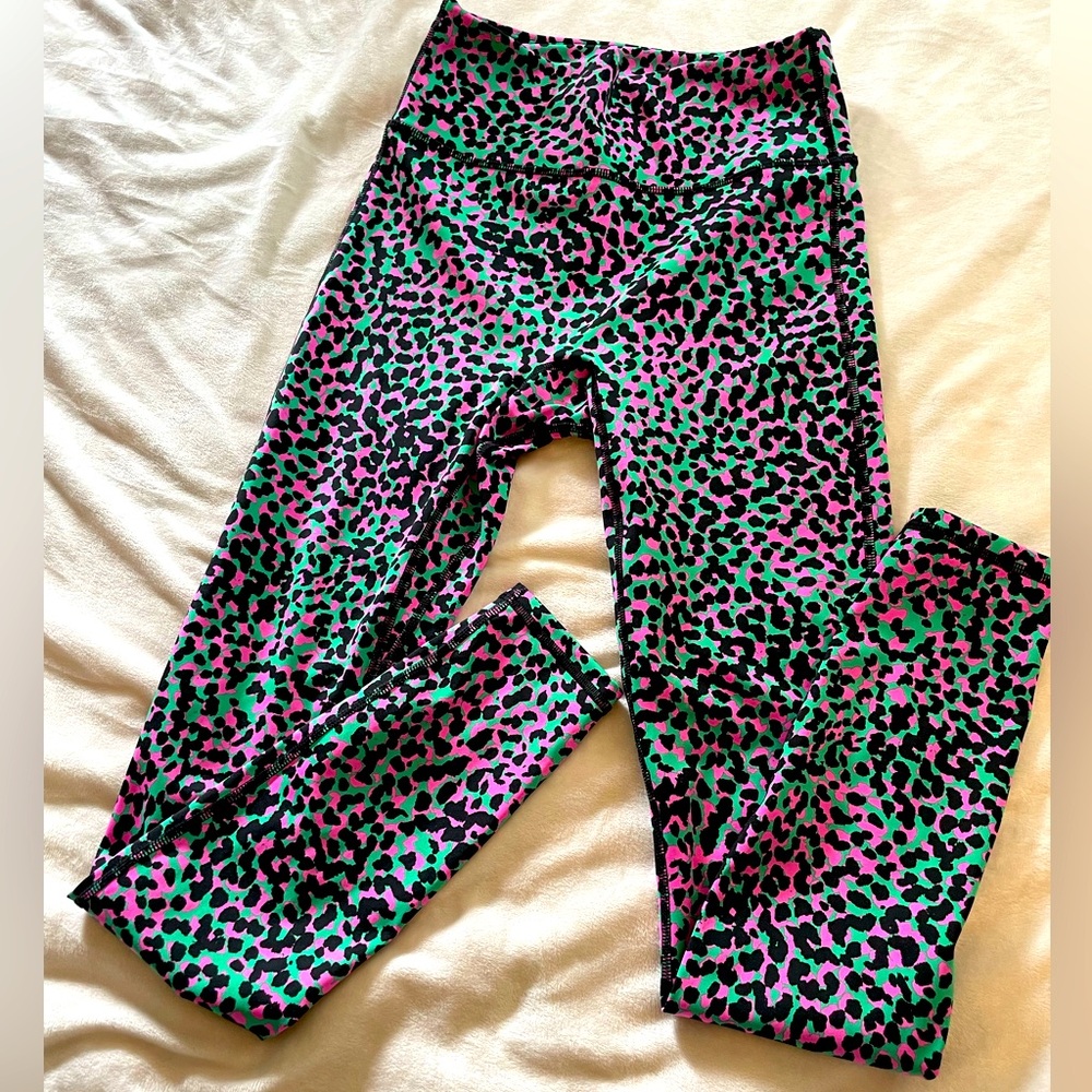 Fabletics workout leggings.  Pink/green leopard print.  Size small